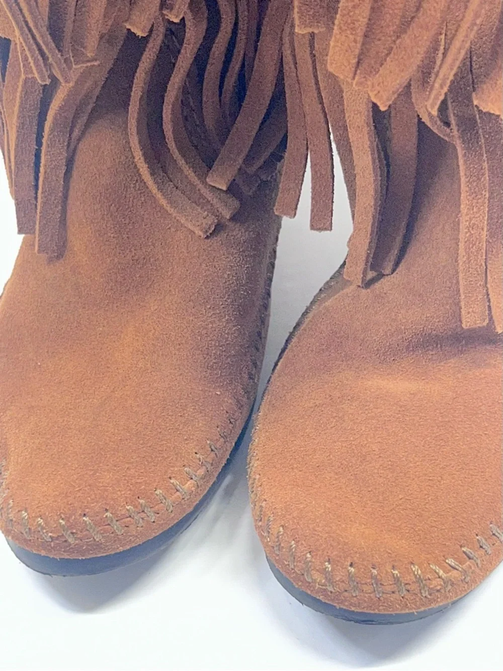 Minnetonka Triple Fringe Suede Moccasin Boots in Tan Brown Bohemian Boho - Picture 6 of 8